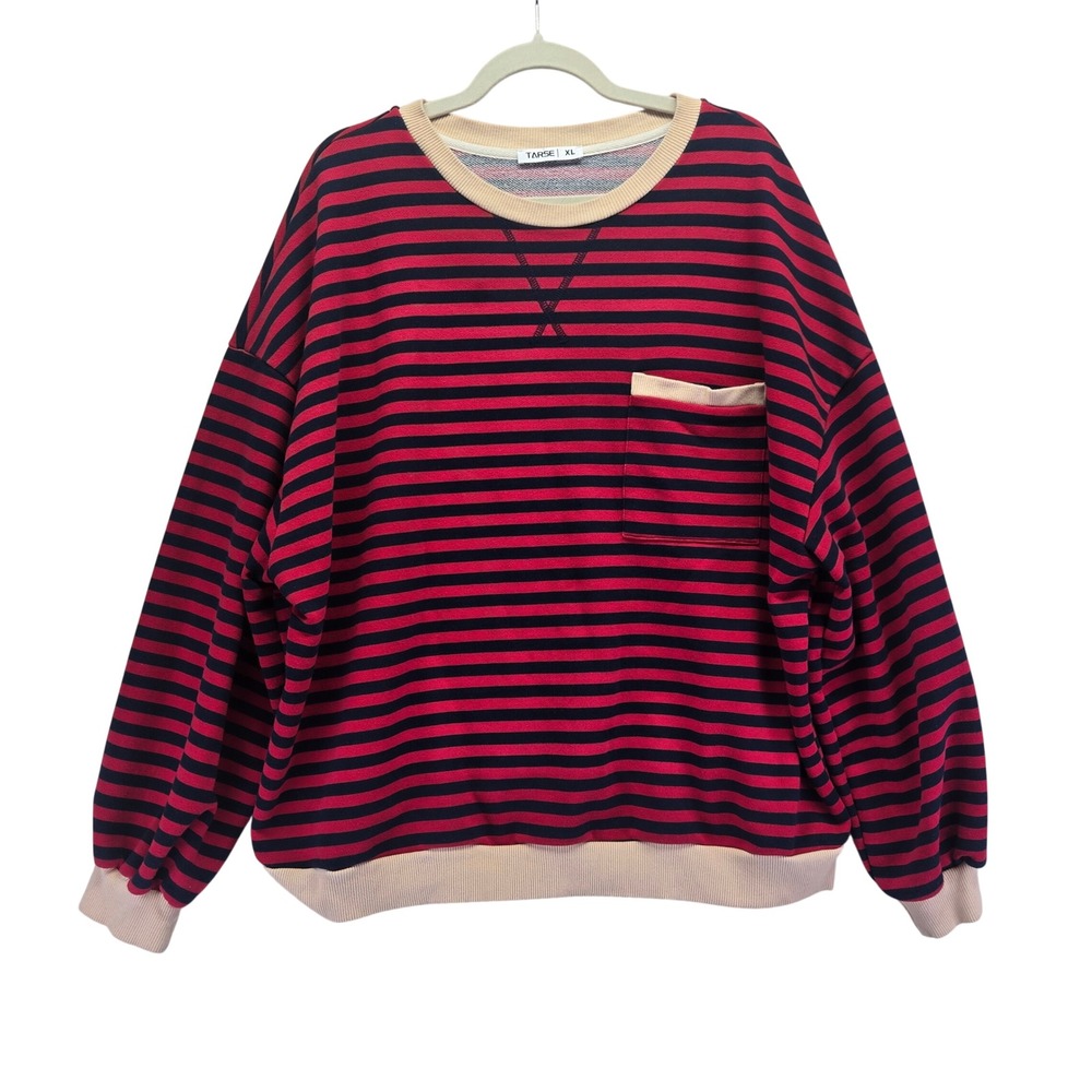 TARSE Striped Crewneck Oversized‎ Sweatshirt Red Navy Tan XL Balloon Sleeve Cozy